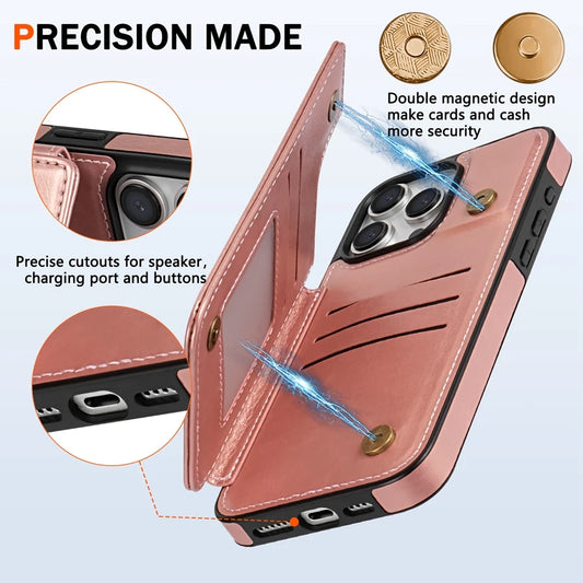 Leather Phone Case for iPhone 15, 15plus, 15 pro, 15 pro max: Wallet Solid Color Magnetic Double Buckle RFID Blocking Card